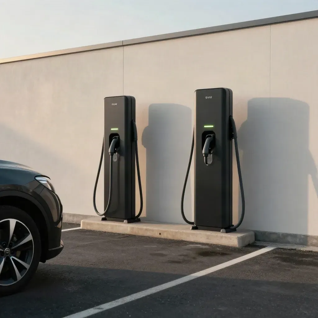 Two black EV chargers beside an office car park bay, tidy conduit and a parked car edge