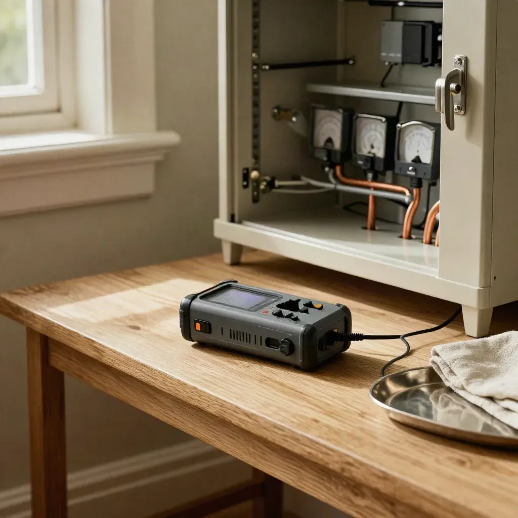 Thermal assessment tools on a utility bench beside an open meter cupboard in warm daylight.