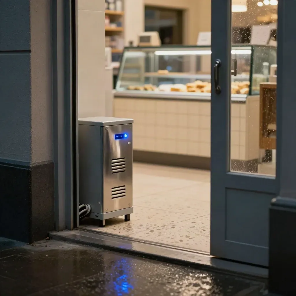 Lit shop interior with battery backup cabinet, fridge glow, and rain beads on the entrance glass.