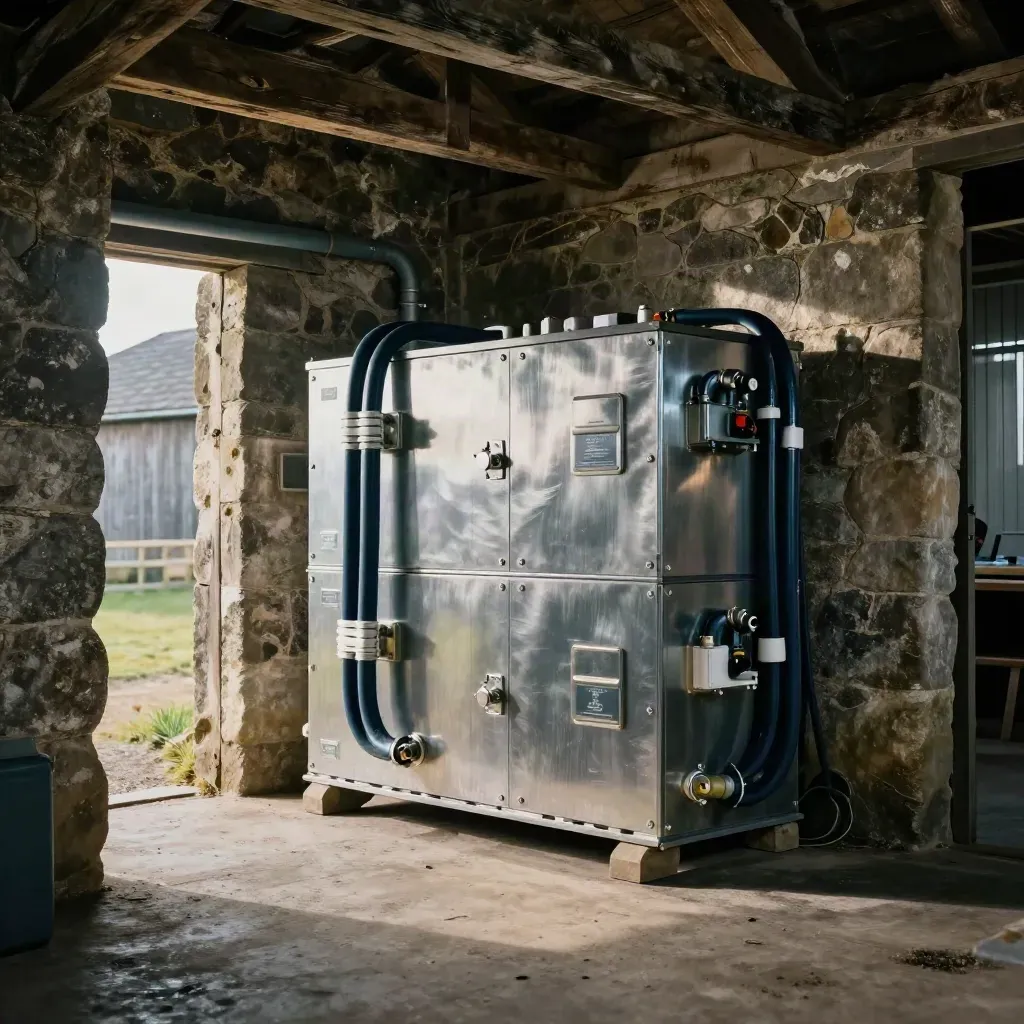 Battery bank and upgraded wiring in a stone farm outbuilding, low view toward a barn feed line.