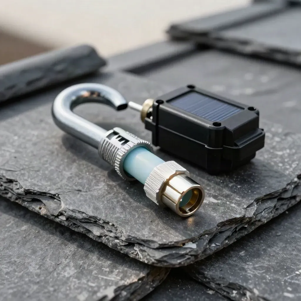 Roofing solar hardware on a slate tile, extreme macro with a bright connector highlight