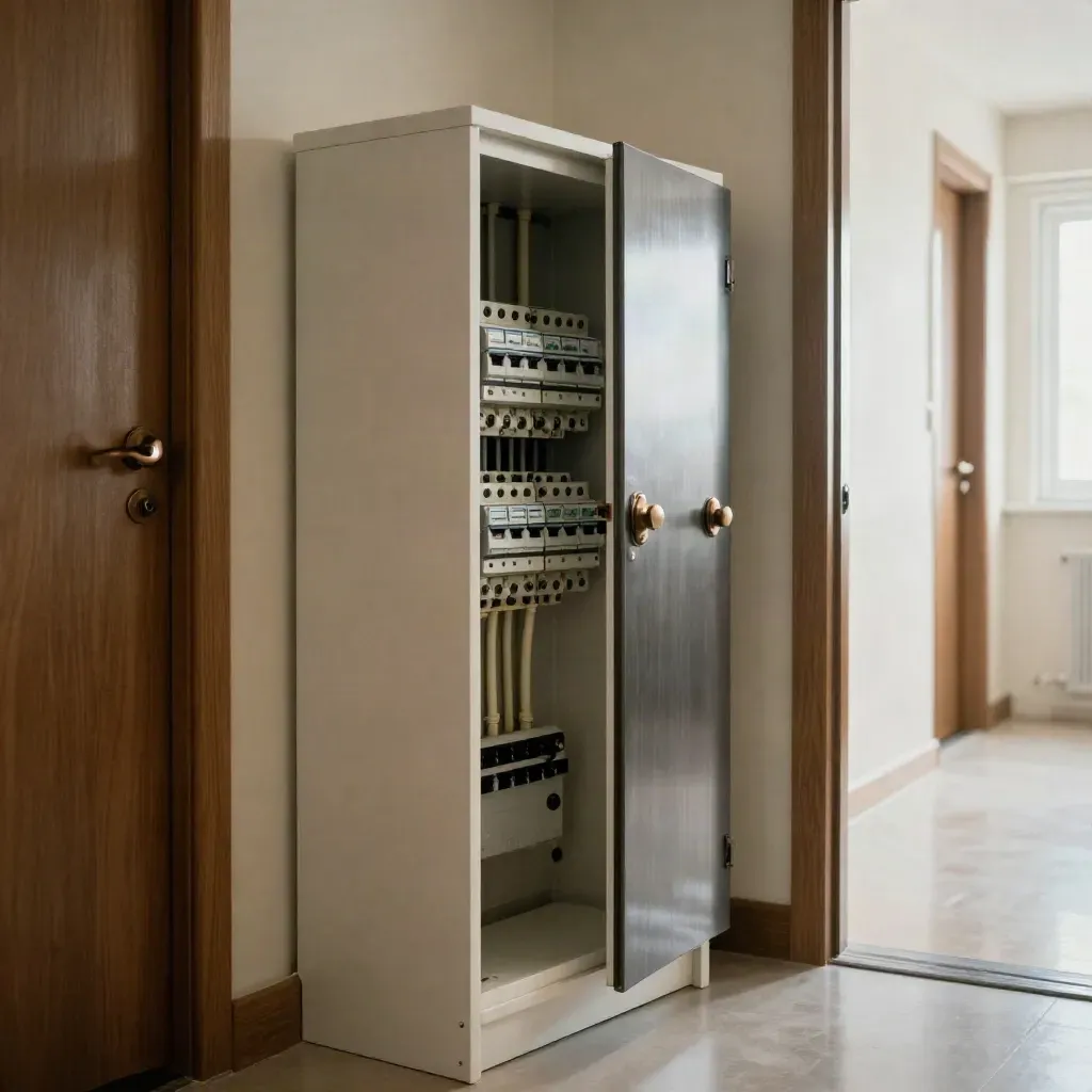 Upgraded consumer unit and communal meter cupboard in a modern hallway, neat trunking and polished floor.