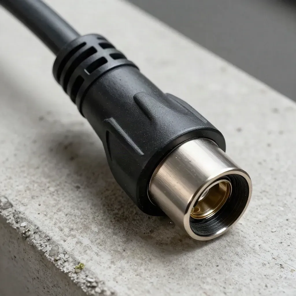EV charger connector, locking collar and gasket on pale concrete with soft daylight
