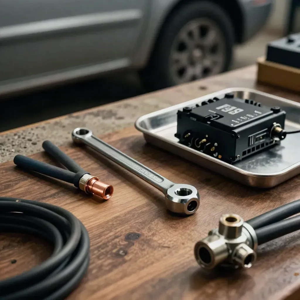 Battery lugs, spanners, torque wrench and BMS module on a steel tray in a workshop