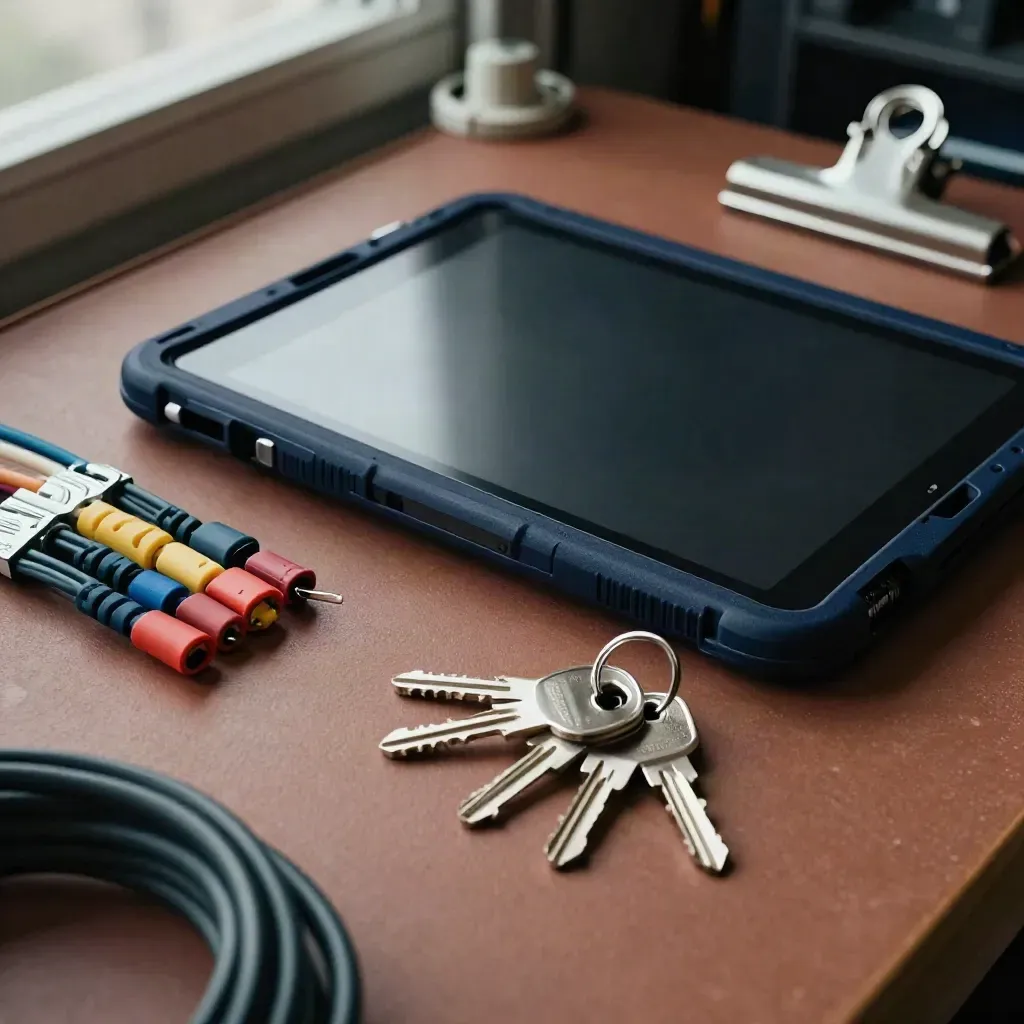 Closed tablet, cabinet keys, cable sleeves and steel clips staged on a dark worktop.