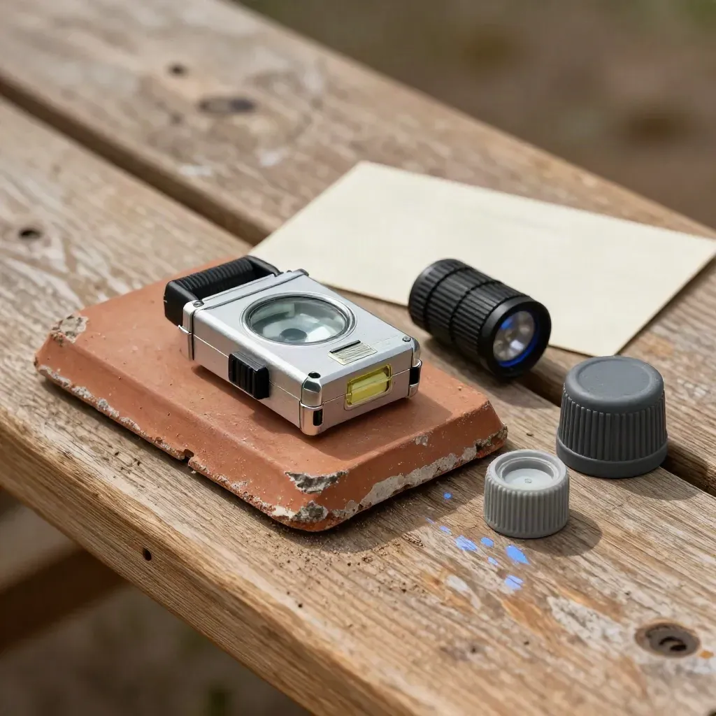 Roof survey tools on a rough oak bench: tile sample, inclinometer, torch and junction cap.