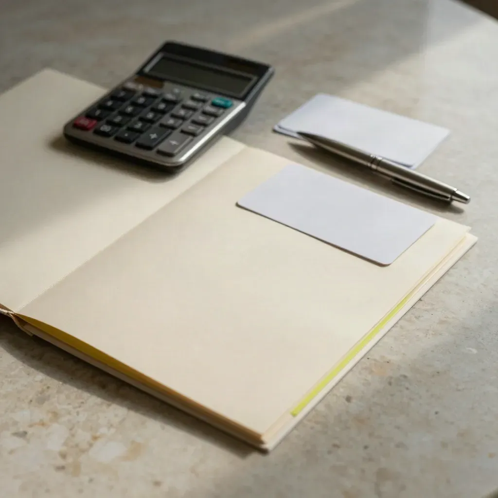 Closed quote folder, calculator, sample cards and pen on stone in soft daylight.