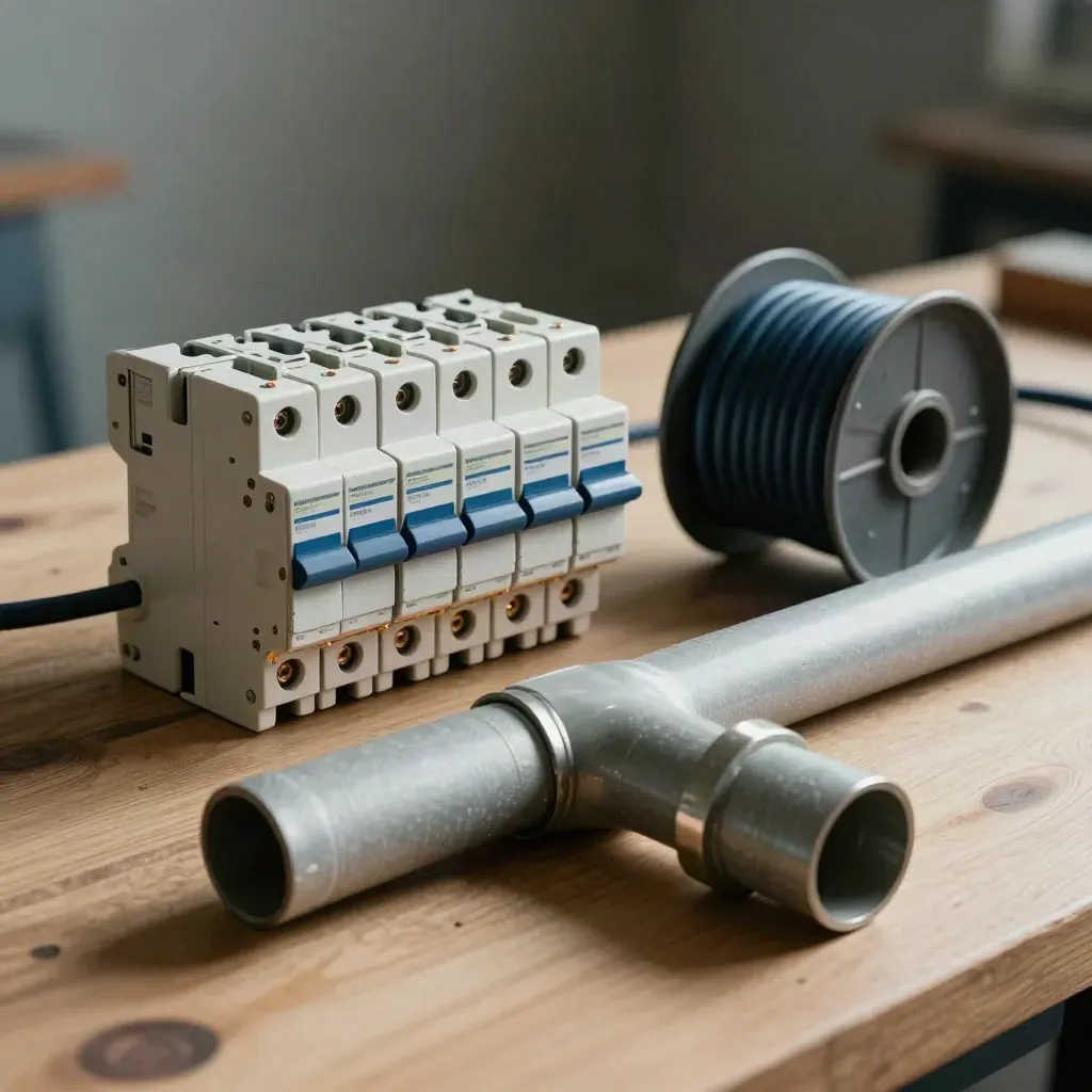 Junction box, breakers, cable reel and conduit on a pale oak workbench with soft side light