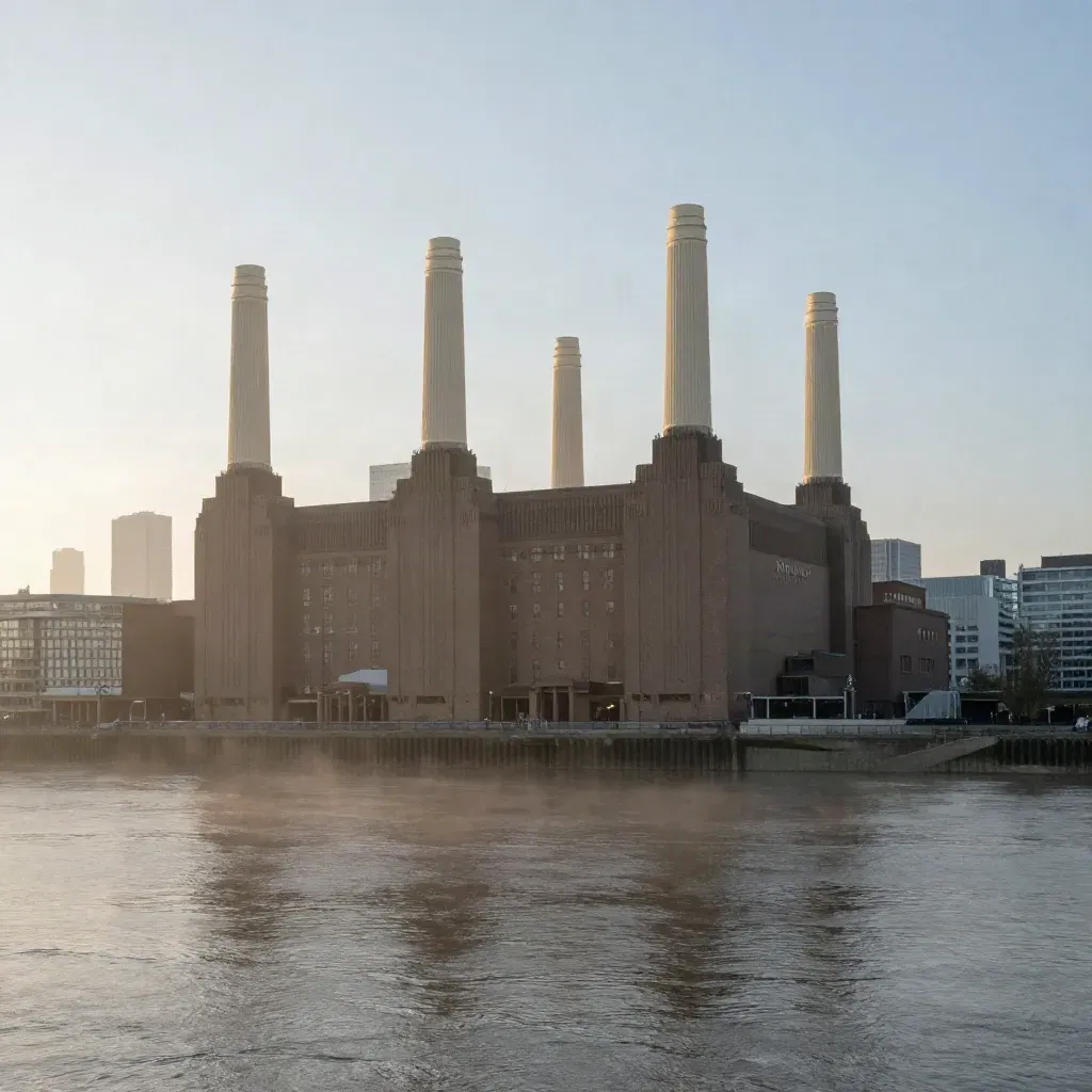 Battersea Power Station chimneys above the Thames in soft London haze