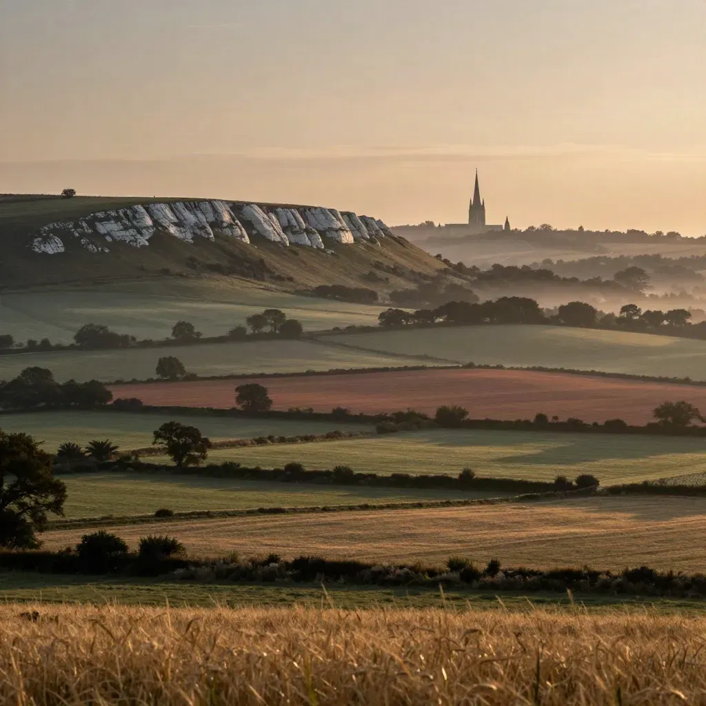 South Downs at sunset with a distant cathedral spire above calm rolling fields