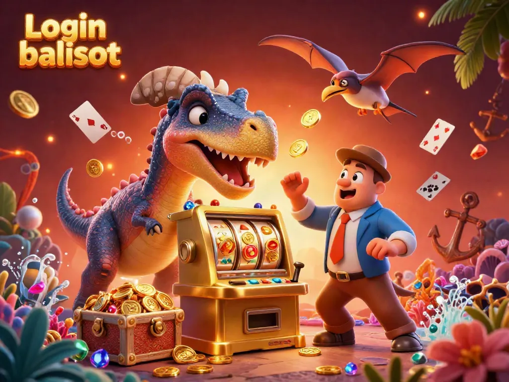 Experience the thrill of Login balislot with vibrant 3D imagery depicting a dino-themed casino scene.