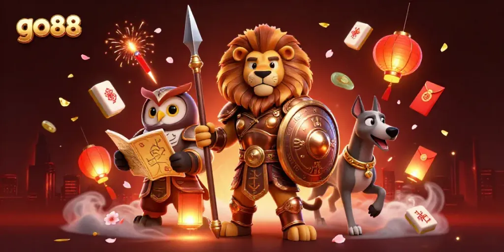 Experience thrilling gaming action with go88, featuring a Spartan lion and vibrant casino elements.