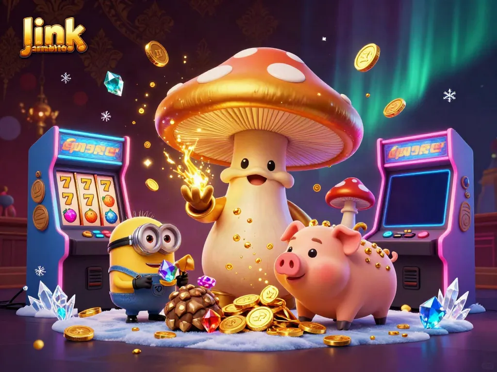 Experience the magic of link jambitoto with a golden mushroom wizard conjuring treasures in a vibrant casino scene.