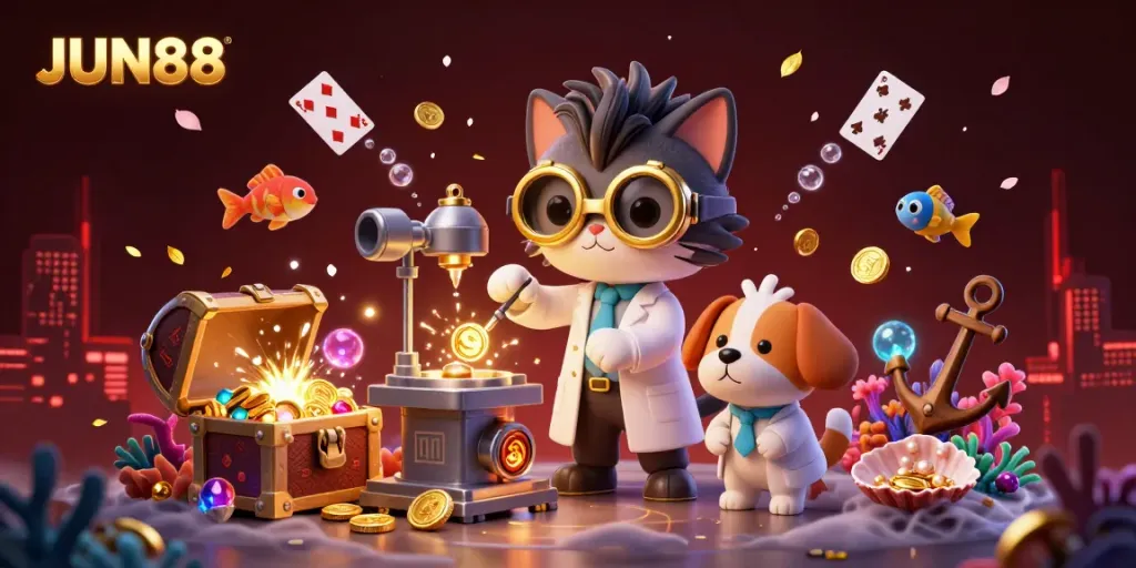 Experience thrilling gameplay at JUN88 with vibrant 3D illustrations of exciting casino action.