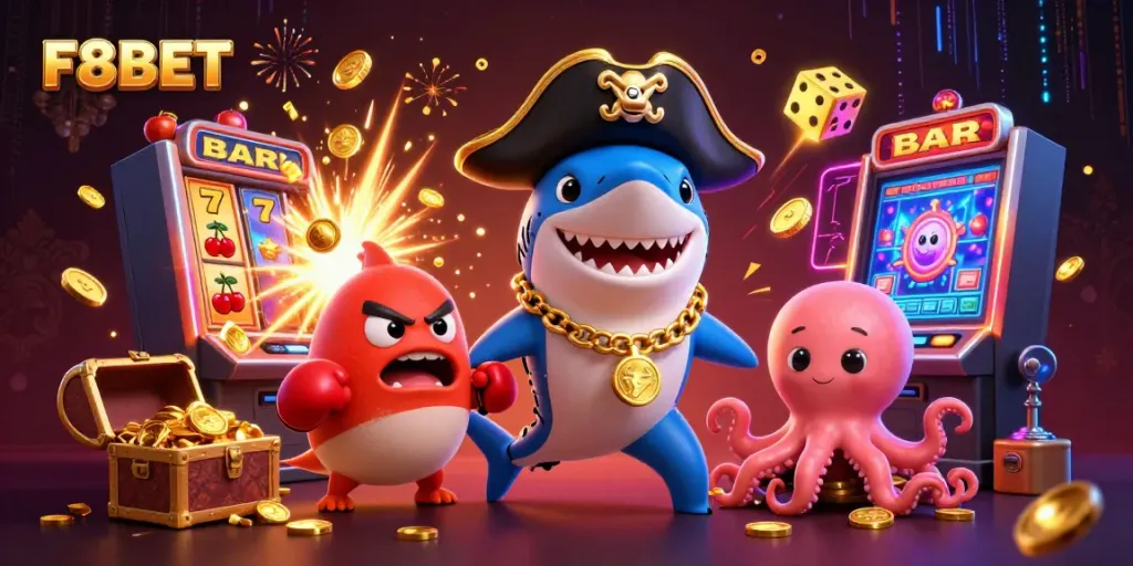 Experience gaming with F8BET featuring vibrant cartoon characters and dynamic casino elements.