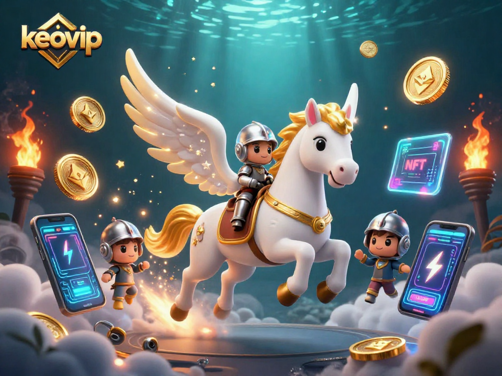 Join the adventure with keovip, a celestial unicorn knight amidst cryptocurrency chaos in a vibrant casino world.