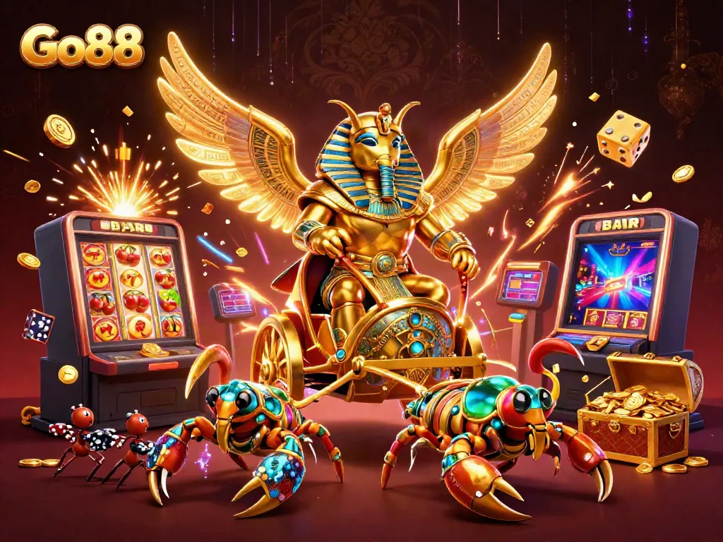 Experience the excitement of Go88 with a vibrant casino scene featuring a golden scarab beetle and explosive jackpots.