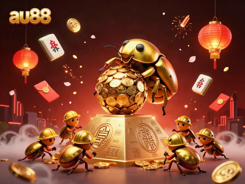 Experience the excitement at au88 with a golden dung beetle and festive casino elements.