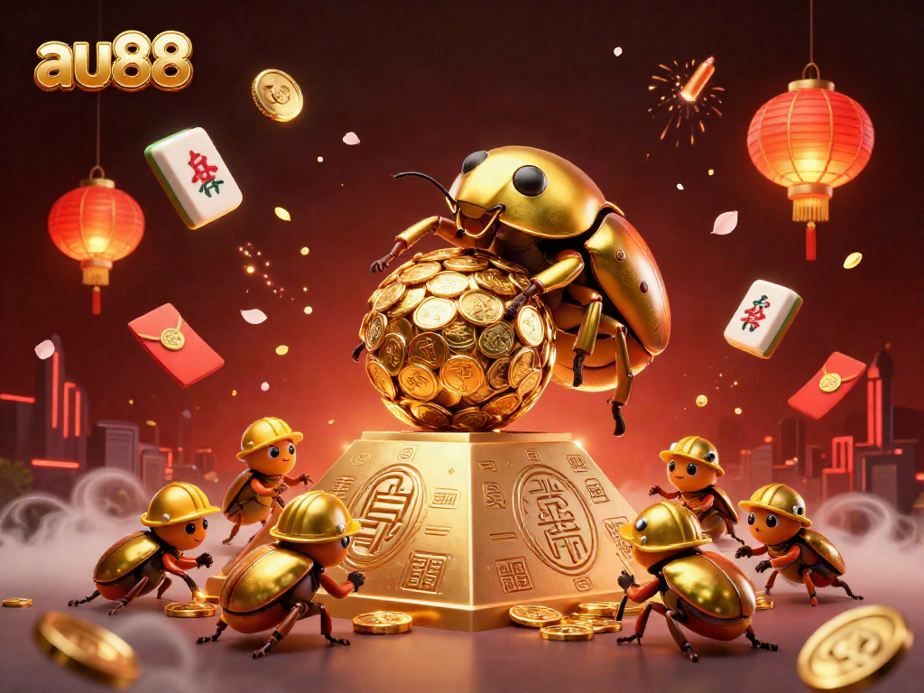 Experience the excitement at au88 with a golden dung beetle and festive casino elements.