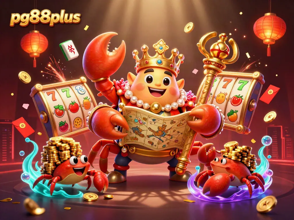 Engage with pg88plus gaming experience featuring a golden crab emperor and vibrant slot symbols.