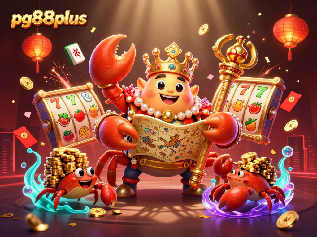 Engage with pg88plus gaming experience featuring a golden crab emperor and vibrant slot symbols.
