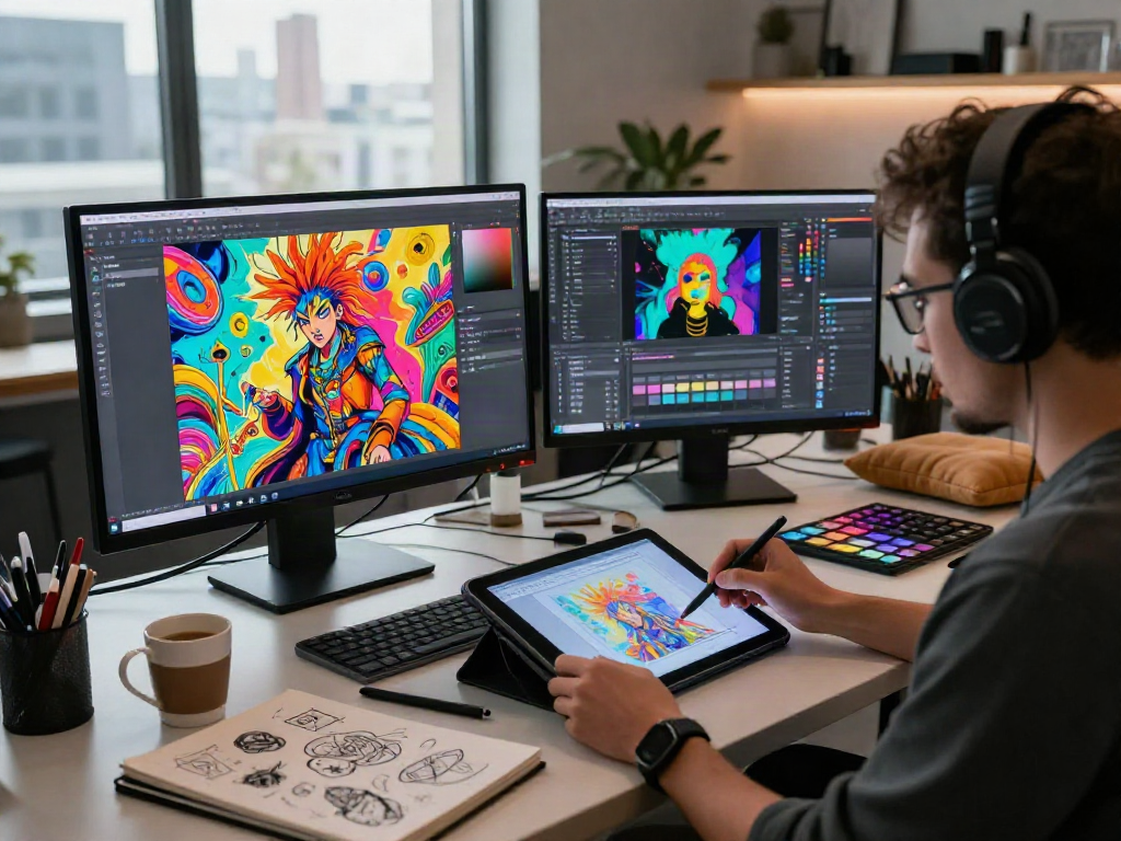 Artist designing provocative nsfw ai content in a creative studio environment.