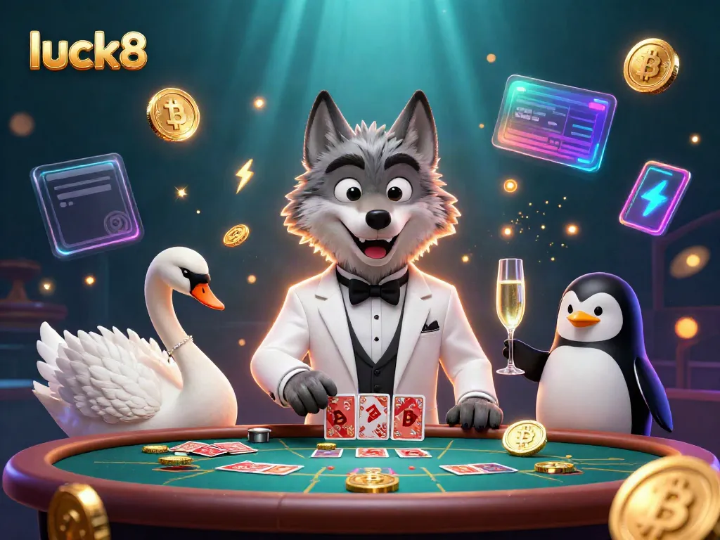 Experience excitement at luck8 casino with vibrant characters and glowing crypto elements.