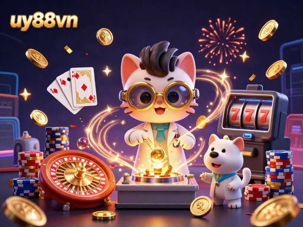 uy88vn showcases a vibrant 3D casino scene with cascading coins and playful characters.