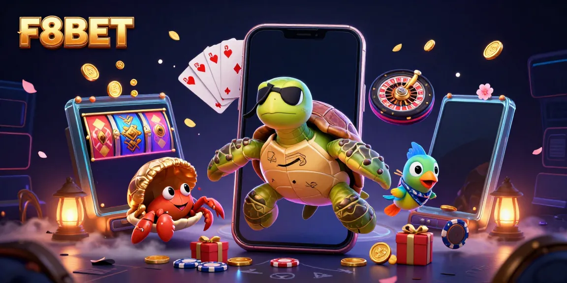 Engage with F8BET's vibrant gaming universe featuring a colorful slot game and dynamic treasure scene.