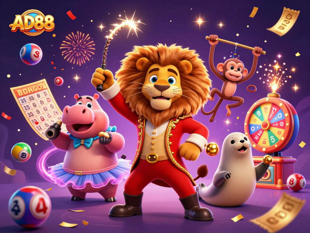 Experience the excitement of AD88 with a vibrant 3D casino-themed illustration showcasing games and rewards.