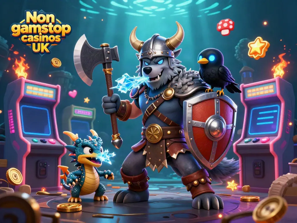 Unleashing excitement at Non gamstop casinos UK with a Viking warrior, dragon, and arcade games.