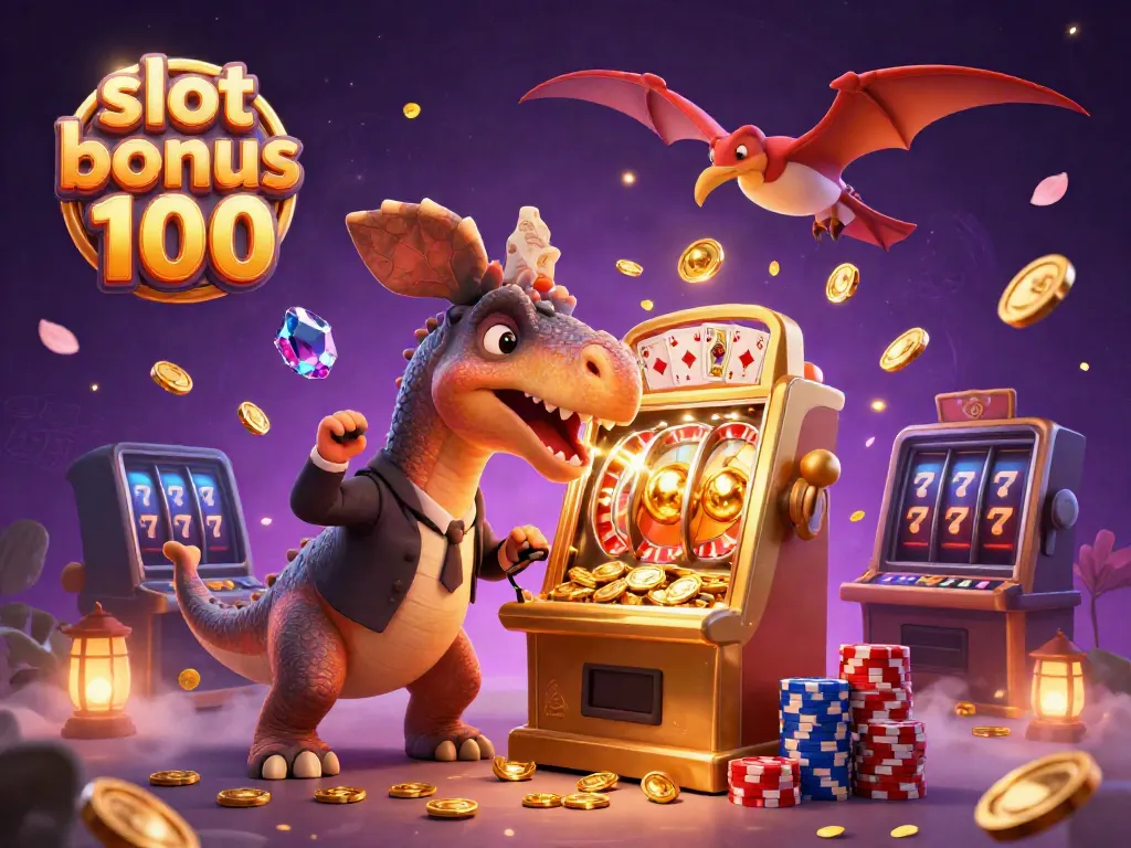 Experience the fun of winning with slot bonus 100 as a cartoon dinosaur interacts with a golden slot machine
