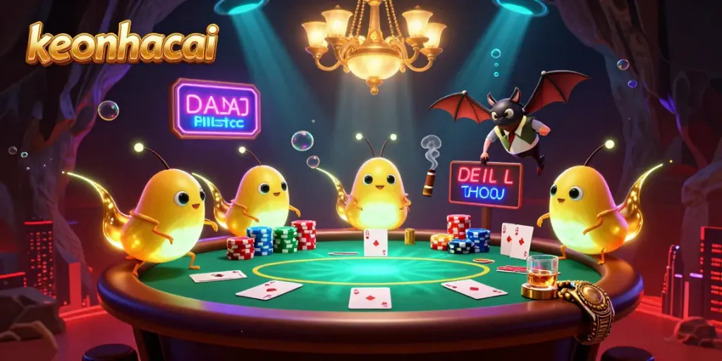 Engage in thrilling poker moments with keonhacai's vibrant animated glowworms illuminating the casino scene.