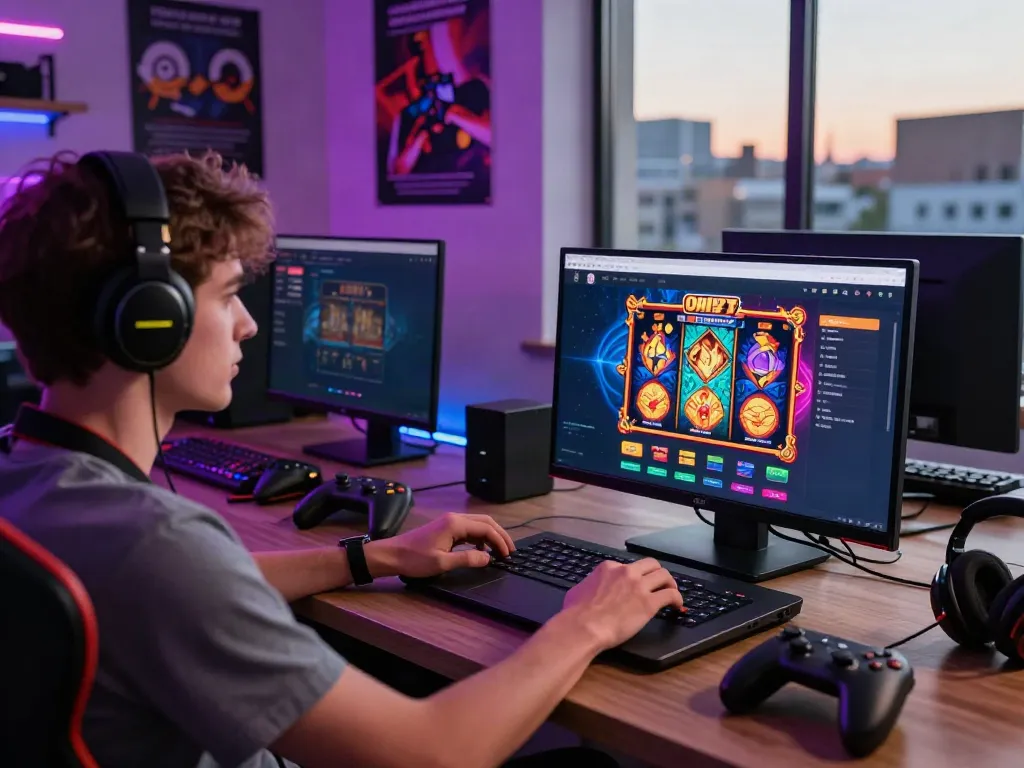 Engaged player enjoying a thrilling da88 slot game on a laptop in vibrant gaming workspace.