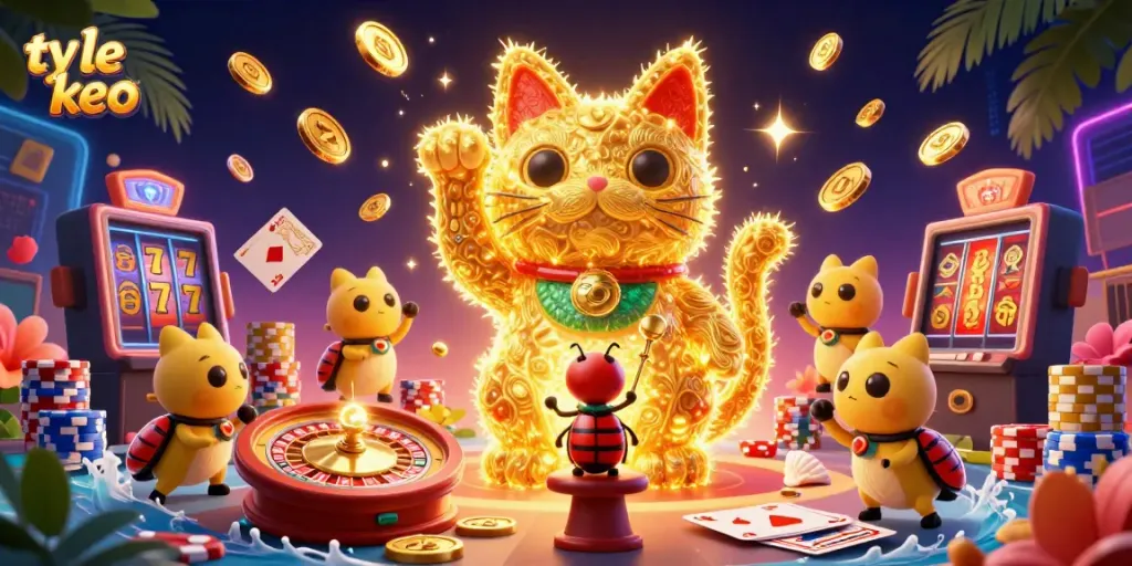 Experience ty le keo with a vibrant scene of lucky cat symbols and cascading golden coins in a dynamic casino atmosphere