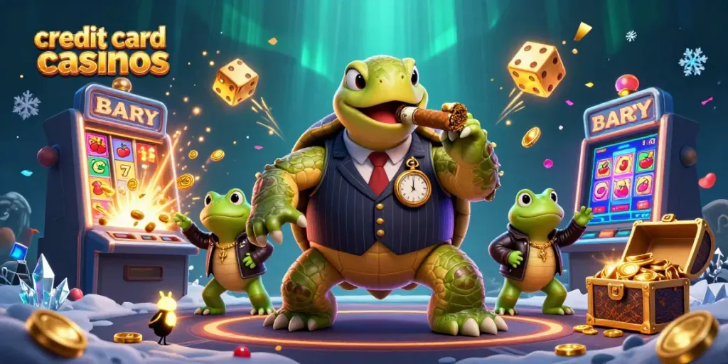 Experience exciting credit card casinos with a dynamic scene of cartoon characters and gambling elements.
