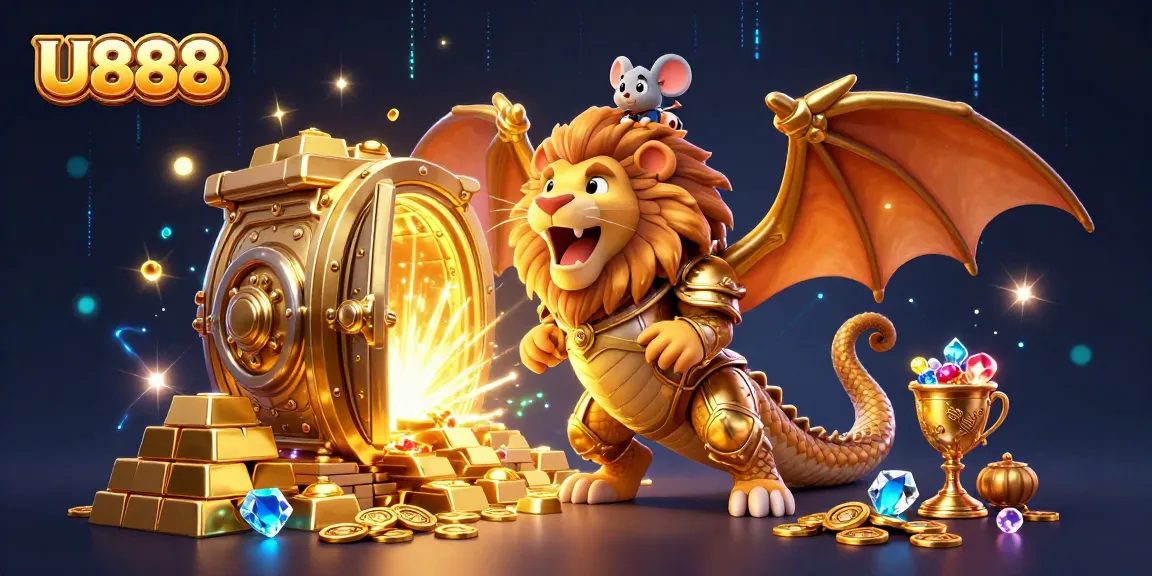 Experience U888's thrilling gaming adventure with a golden chimera and treasures in 3D.