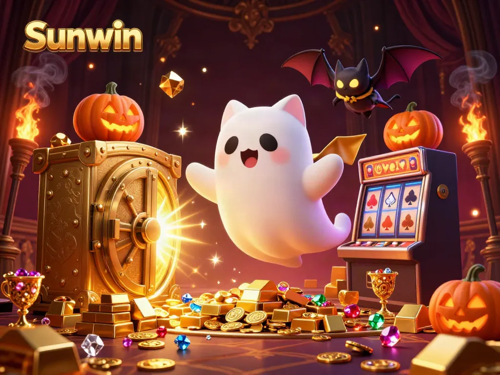 Experience the thrilling ambiance of Sunwin's haunted casino with ghostly characters and sparkling treasures.