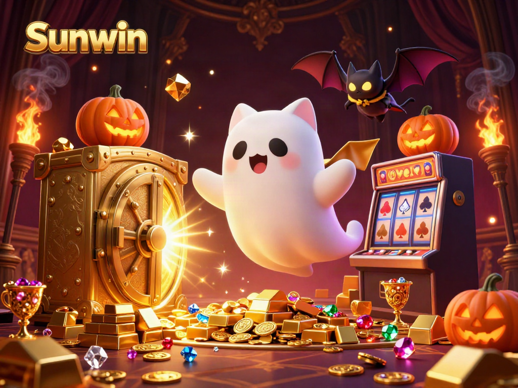 Experience the thrilling ambiance of Sunwin's haunted casino with ghostly characters and sparkling treasures.