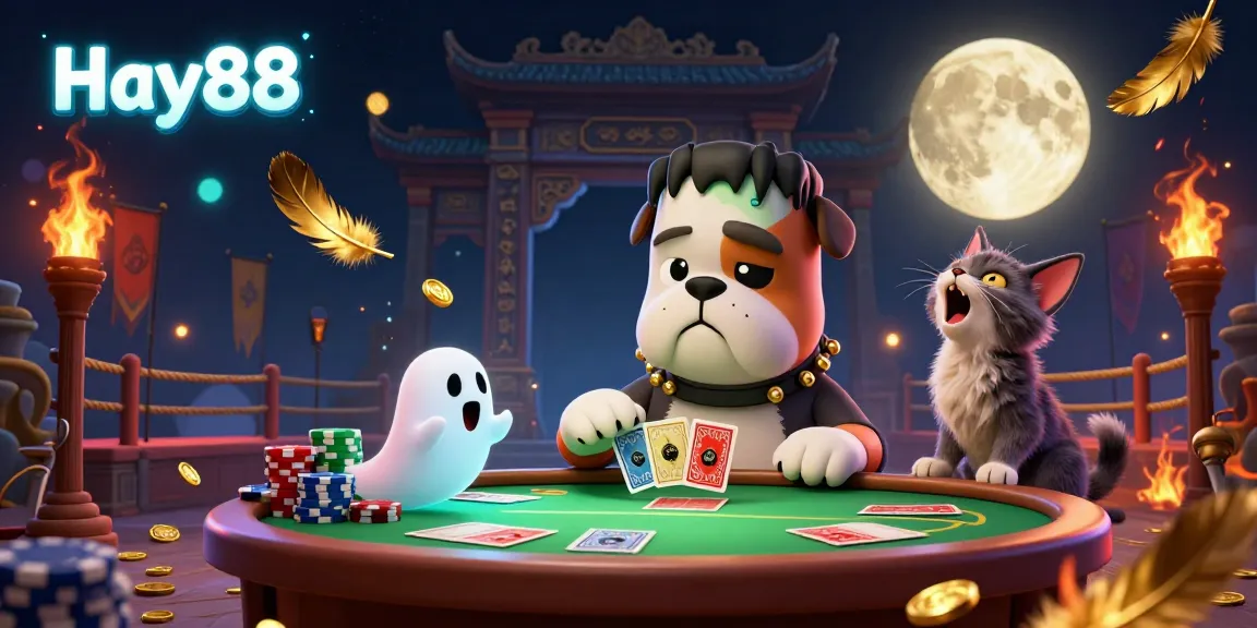 Win big at Hay88 with this vibrant 3D casino scene showcasing a bulldog dealer and a werewolf kitten.