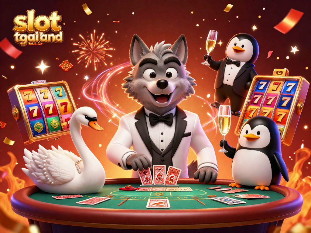 The lively scene showcases slot thailand gacor with a debonair wolf and elegant characters around vibrant slot reels.