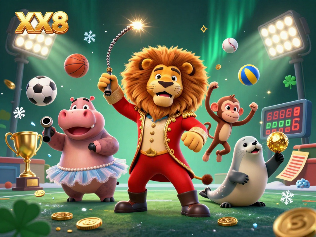 Experience the thrilling XX8 platform with engaging elements like betting slips and sports balls in a dynamic scene.