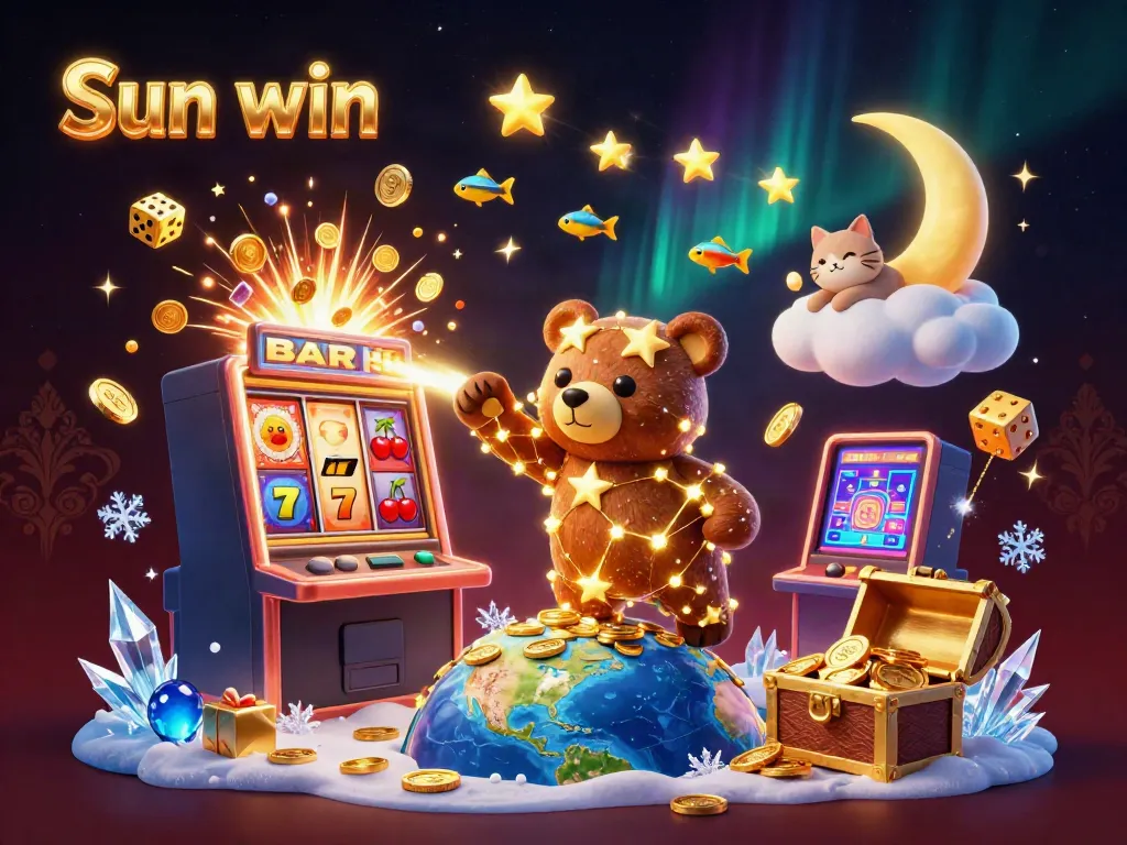 Experience thrilling adventures with Sun win through a vibrant casino-themed illustration featuring characters and games.