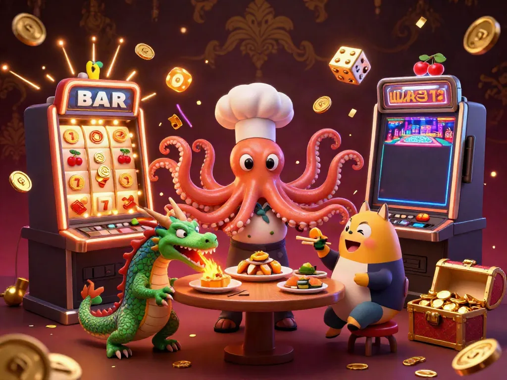 Experience qh 88's dynamic casino environment with an octopus chef, dragon, and tanuki in an exciting scene.