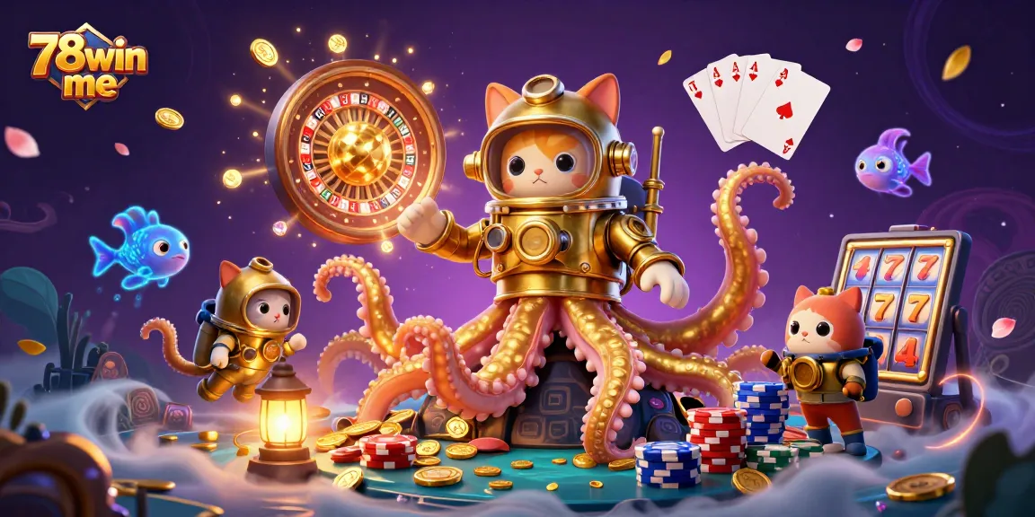 Join the excitement with 78win me, featuring a colossal kraken and a diving cat amidst thrilling casino elements