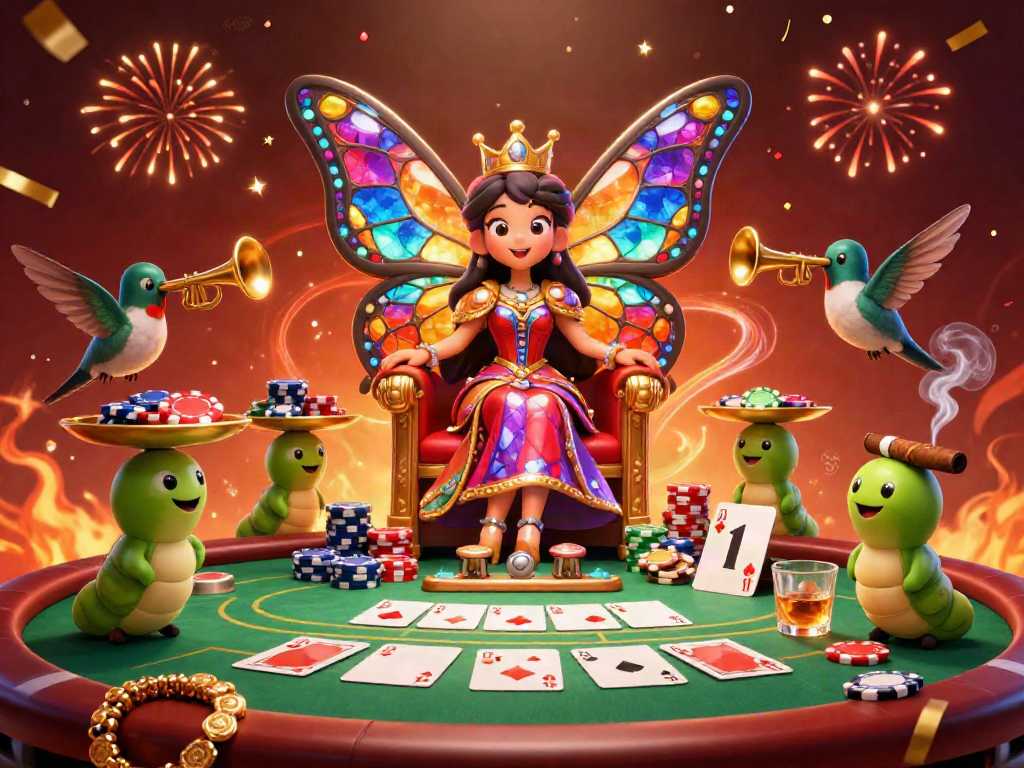 Engage with go88's vibrant poker scene filled with a cartoon butterfly queen and colorful casino elements.