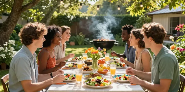 Friends enjoying a vibrant garden meal together, celebrating here.