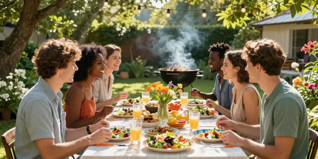 Friends enjoying a vibrant garden meal together, celebrating here.