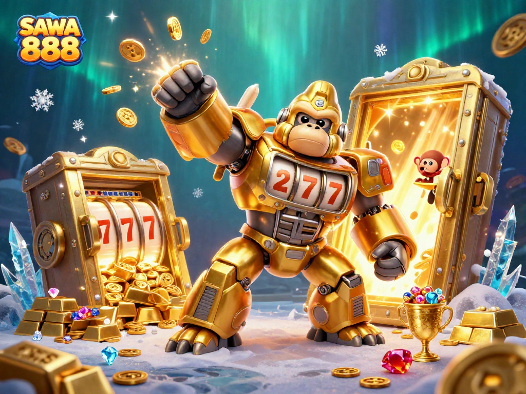 Experience thrilling gameplay with SAWA 888, featuring a golden mech and dazzling treasures.