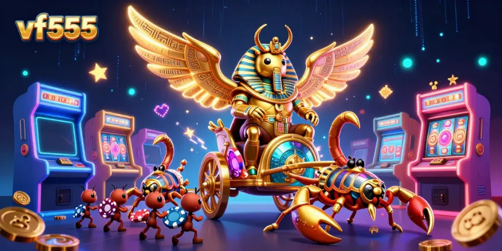 Experience thrilling gameplay with vf555's vibrant casino elements, including colorful characters and gaming machines.